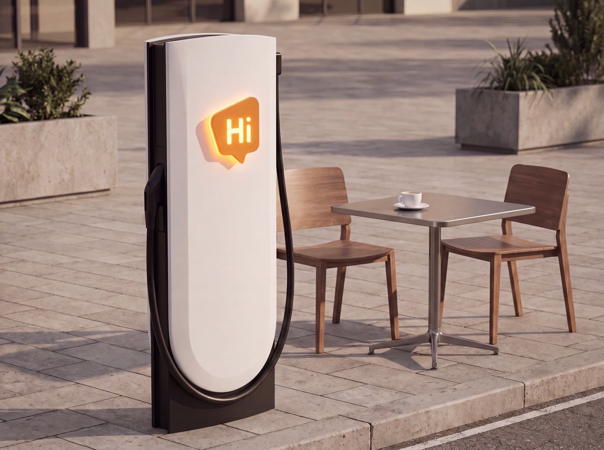 A HiON charging pillar beside a quiet coffee corner, the glowing orange Hi badge warm against its matte-white face.