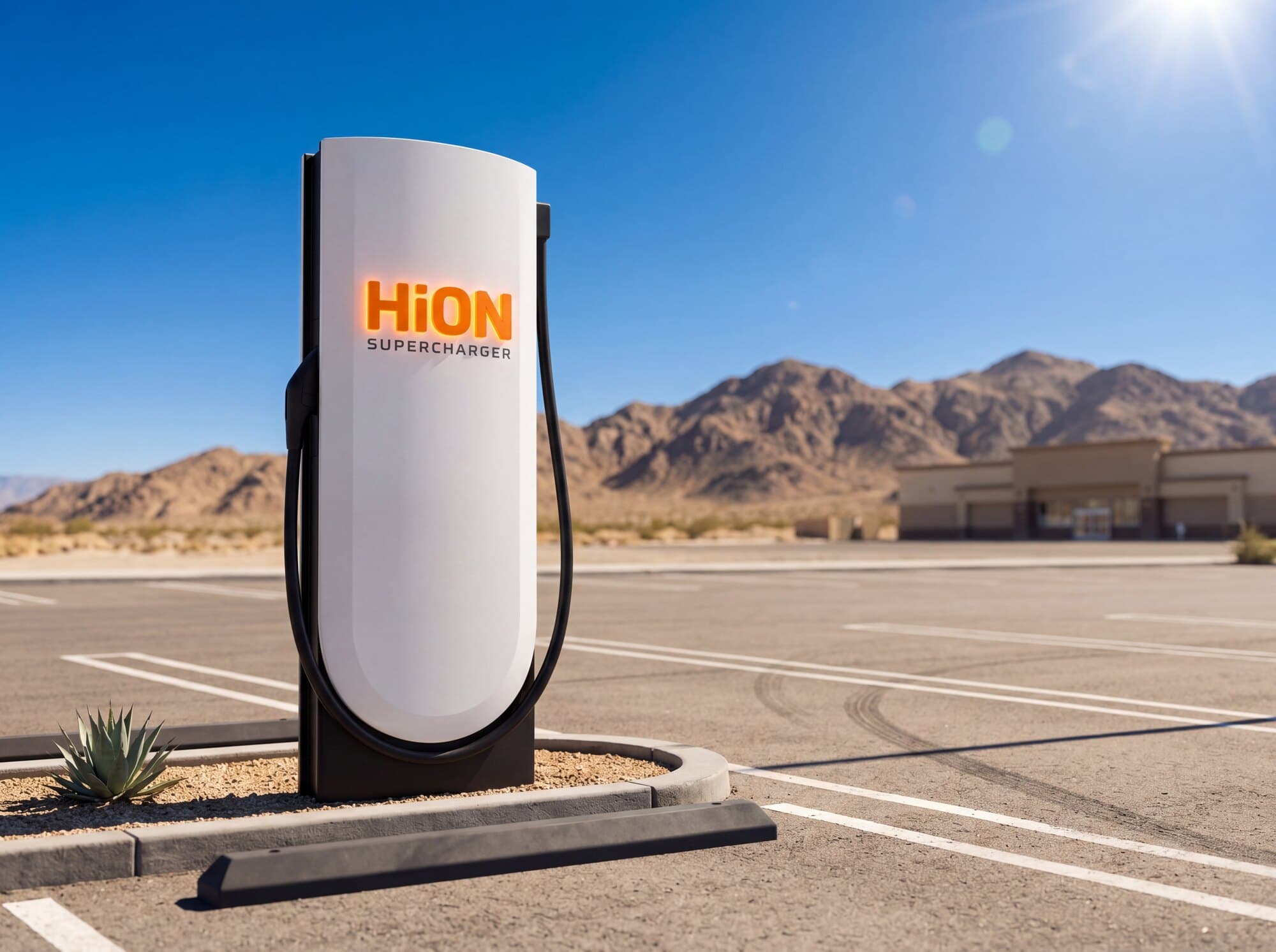 A HiON pillar in a sunlit high-desert lot, its matte-white face marked with the glowing orange HiON wordmark, dry mountains and a low retail building on the horizon.