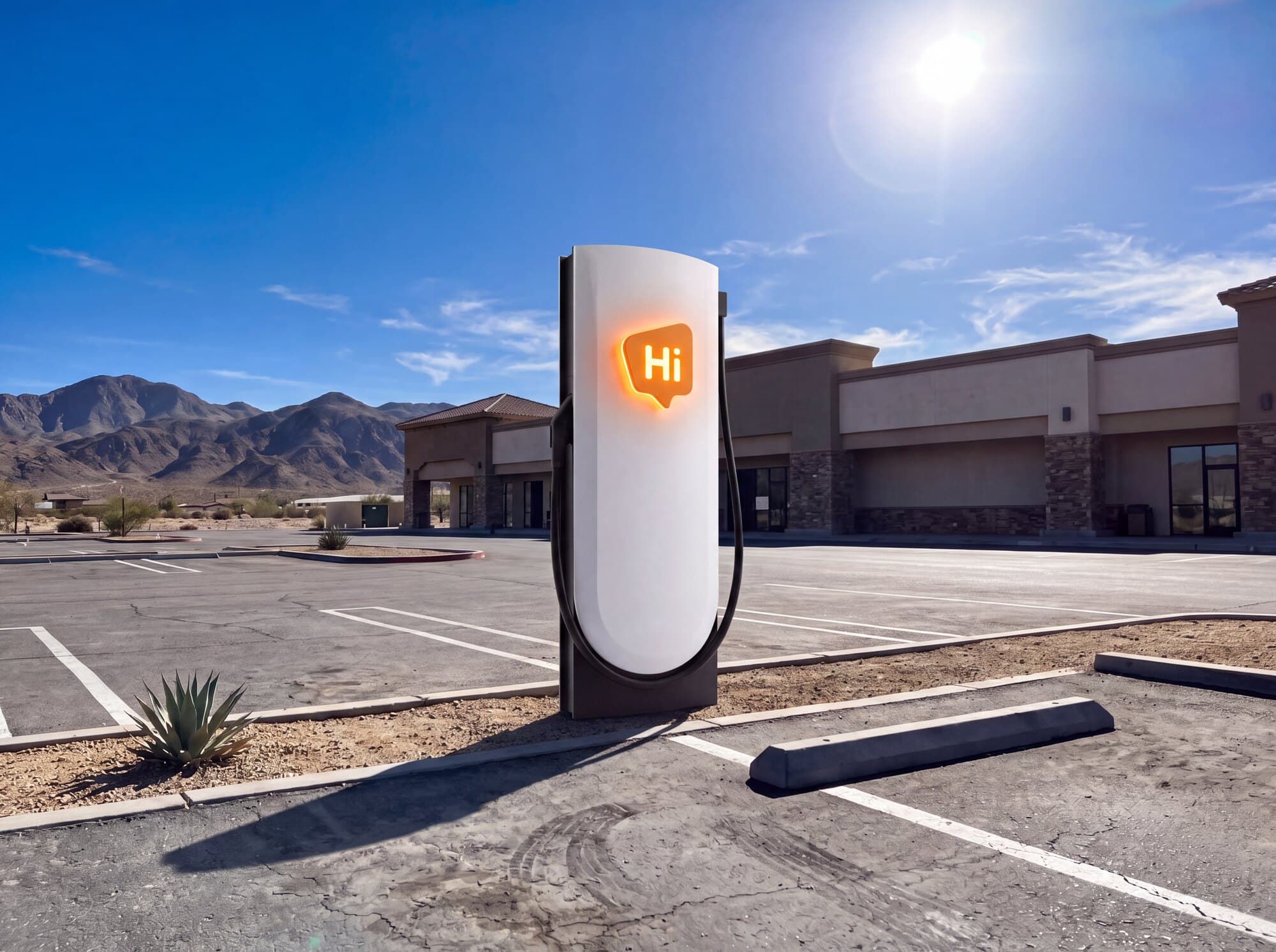 A HiON pillar at a sunlit desert roadside stop, a low retail building and open parking behind it, the matte-white face marked with the glowing orange Hi badge.