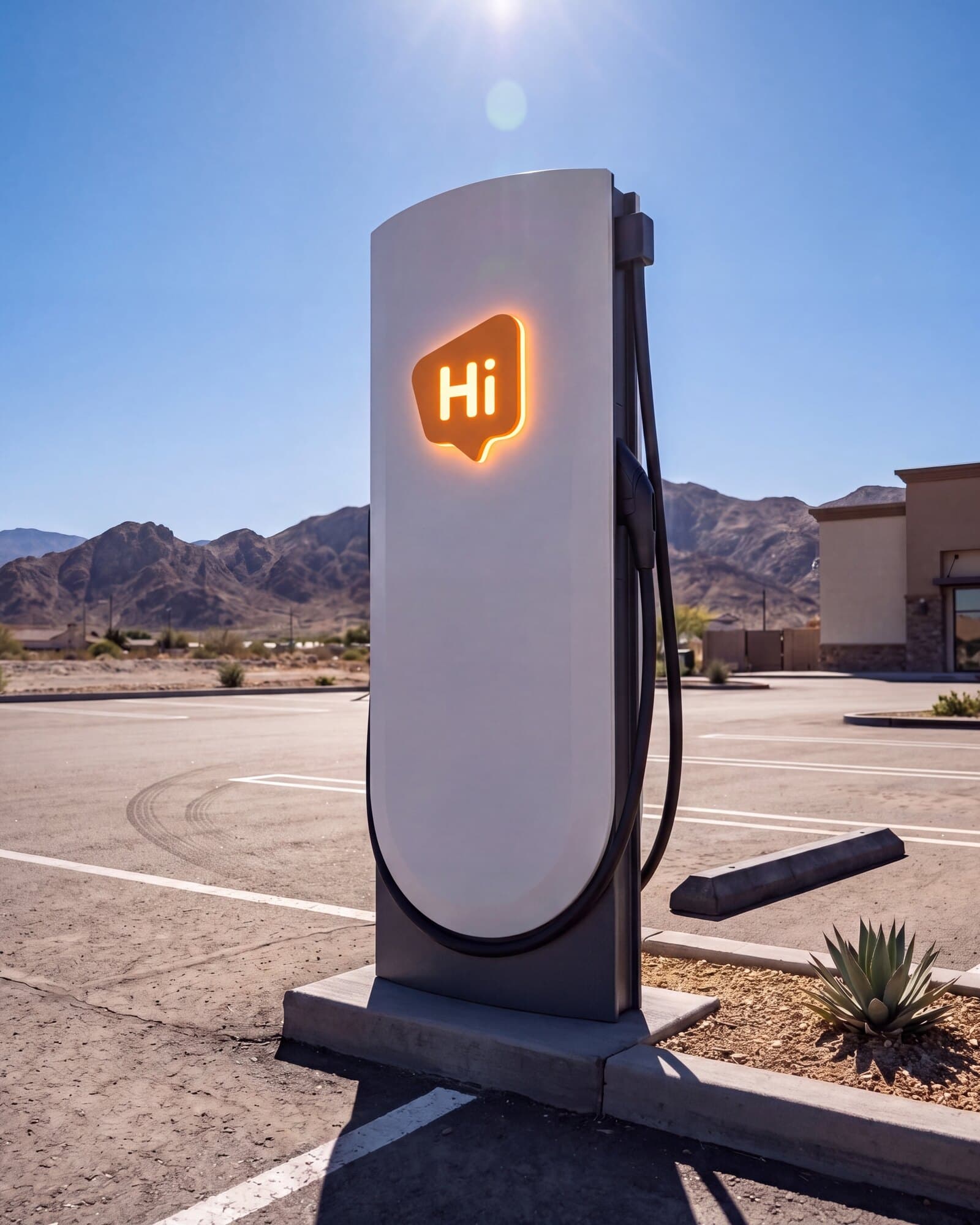 A HiON pillar rising tall in a sunlit high-desert lot, its matte-white face marked with the glowing orange Hi badge.
