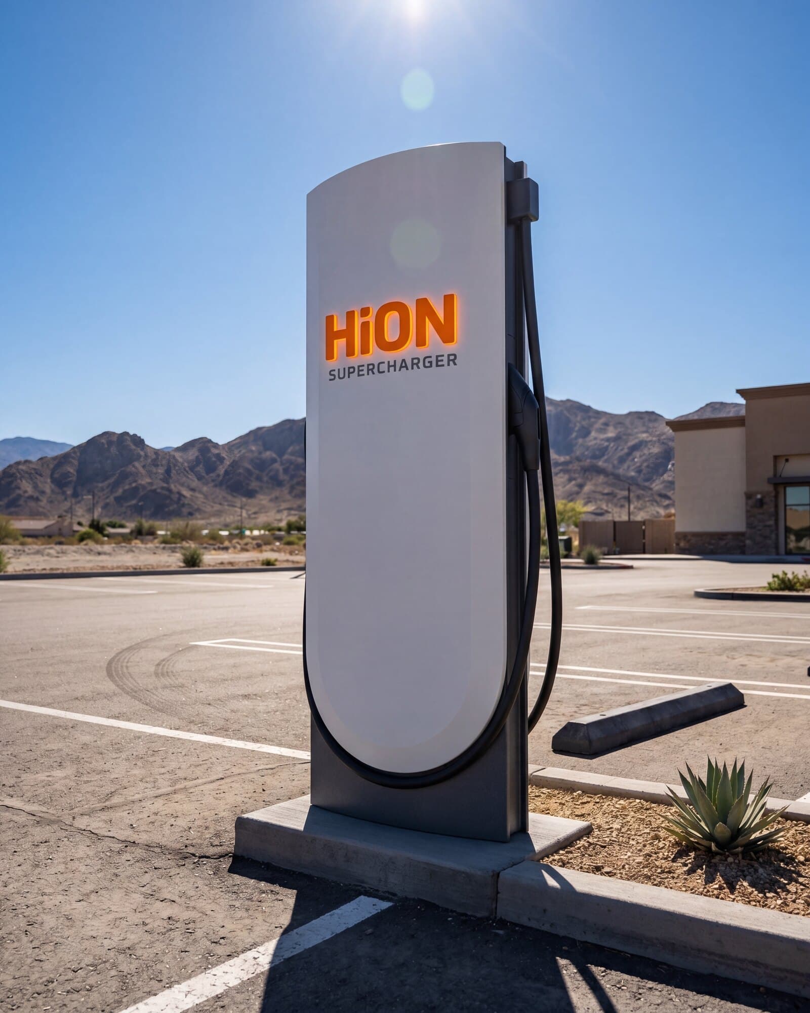 A HiON pillar rising tall in a sunlit high-desert lot, its matte-white face marked with the glowing orange HiON wordmark.