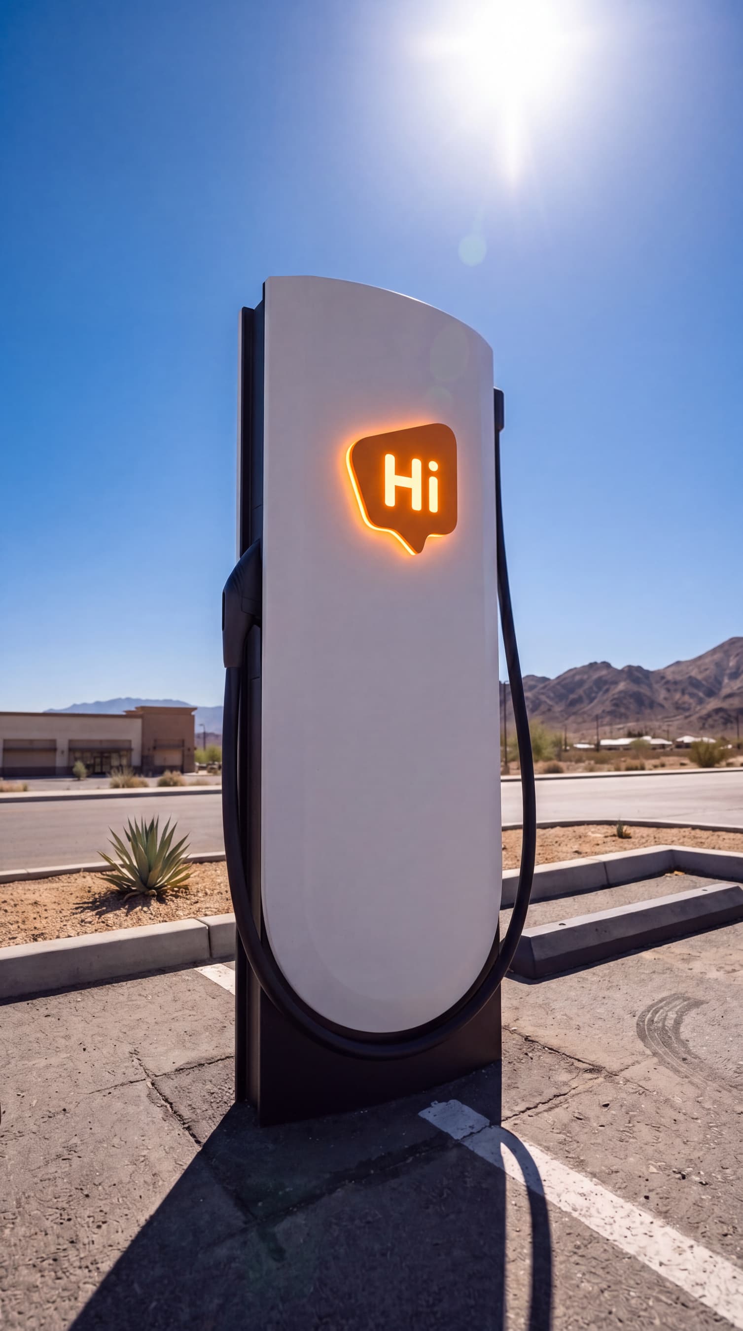 A HiON pillar in a sunlit high-desert lot, its matte-white face marked with the glowing orange Hi badge, dry mountains on the horizon.