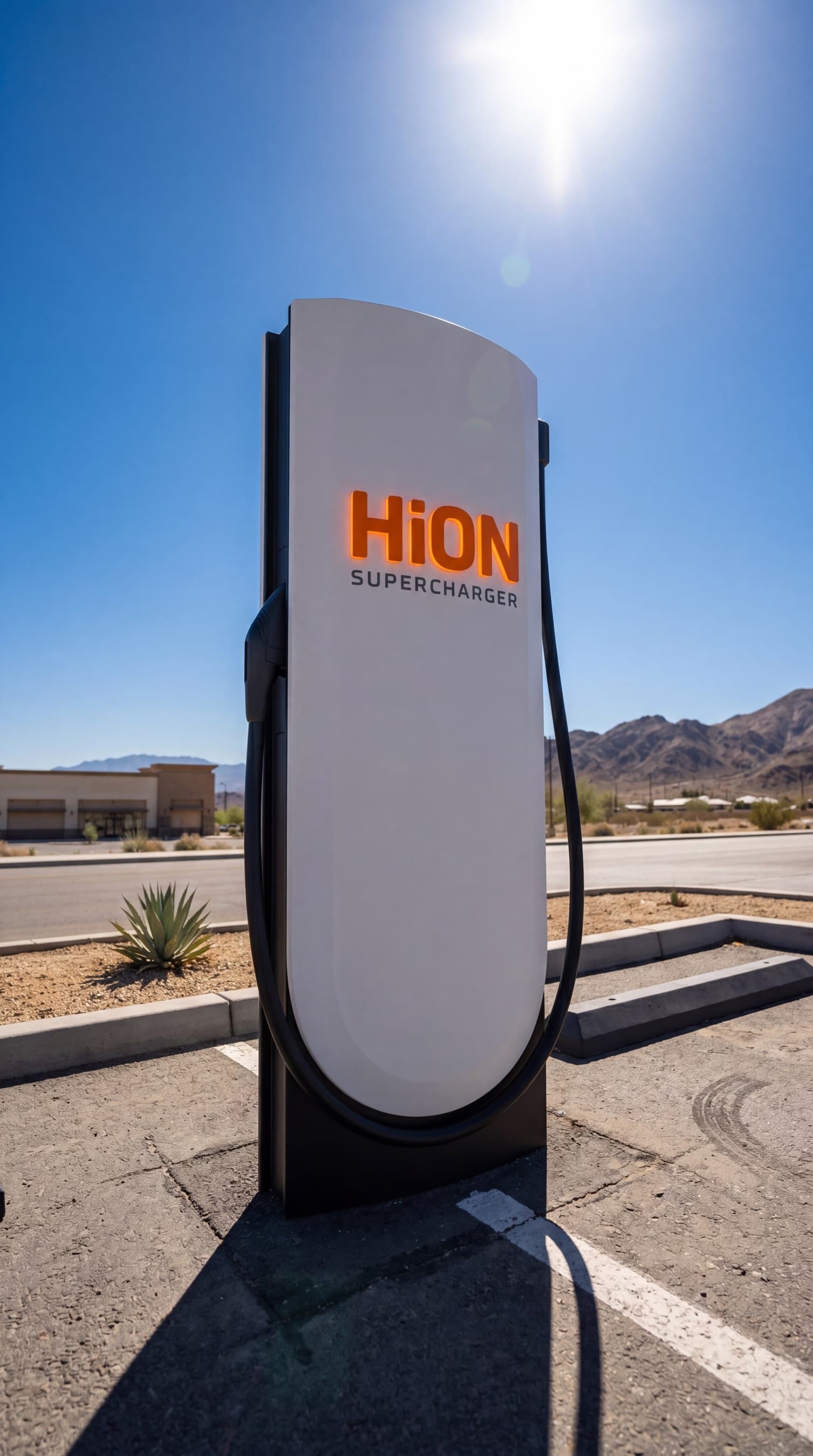 A HiON pillar in a sunlit high-desert lot, its matte-white face marked with the glowing orange HiON wordmark, dry mountains on the horizon.