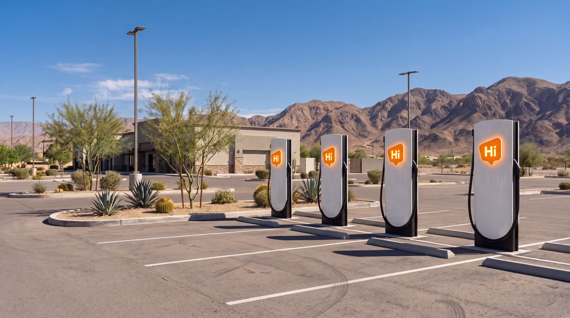 A row of HiON pillars in a sunlit desert forecourt, each matte-white with the glowing orange Hi badge, mountains behind, no vehicles present.