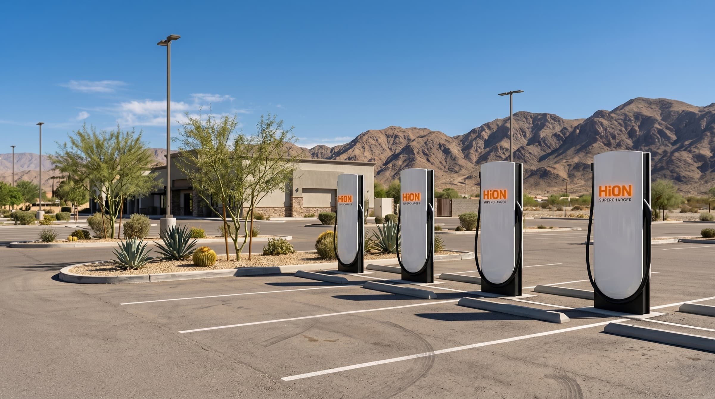 A row of HiON pillars in a sunlit desert forecourt, each matte-white with the glowing orange HiON wordmark, mountains behind, no vehicles present.