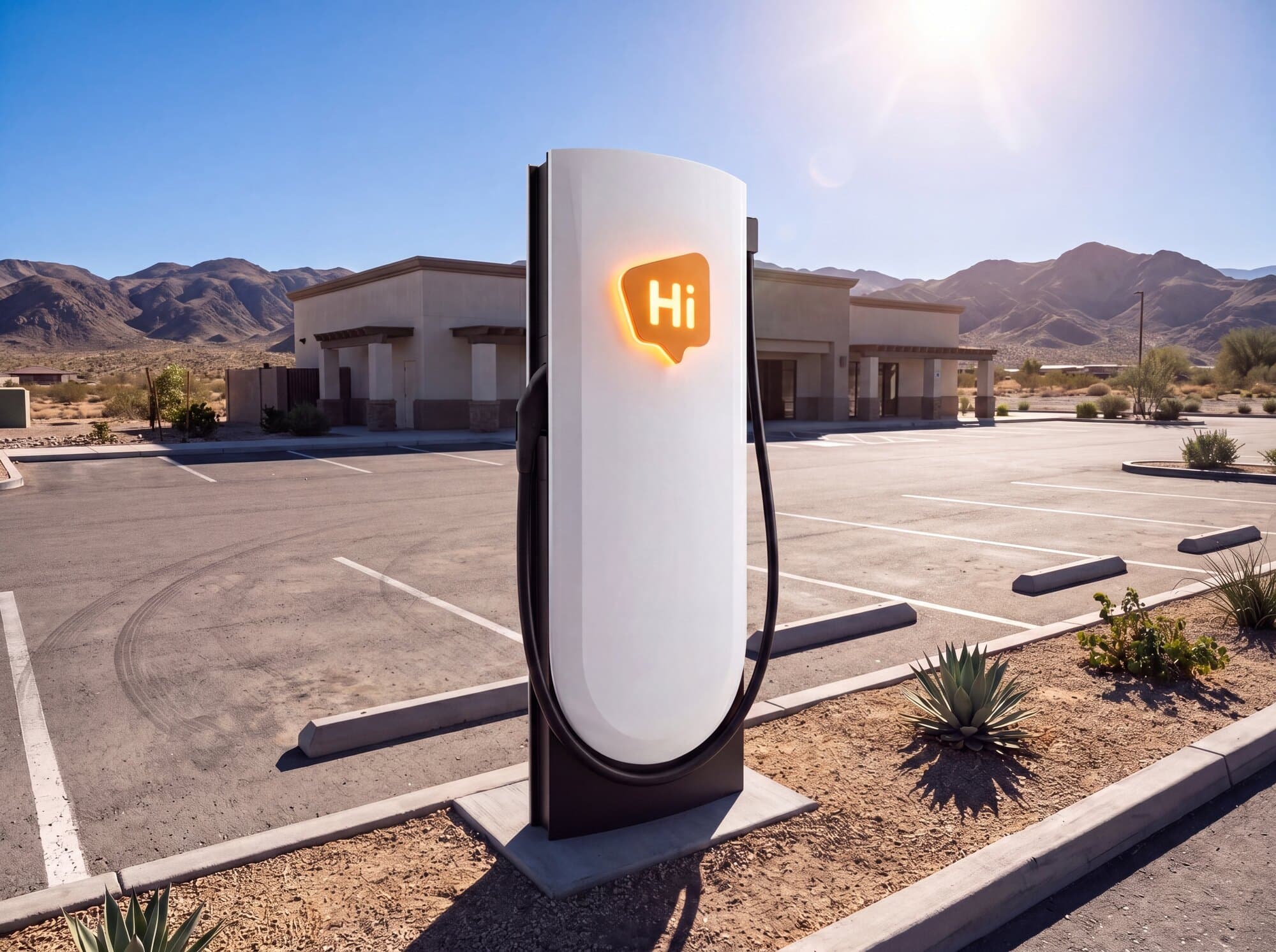A HiON pillar in its desert forecourt — painted stalls and open lot around it, dry mountains behind, the matte-white face marked with the glowing orange Hi badge.