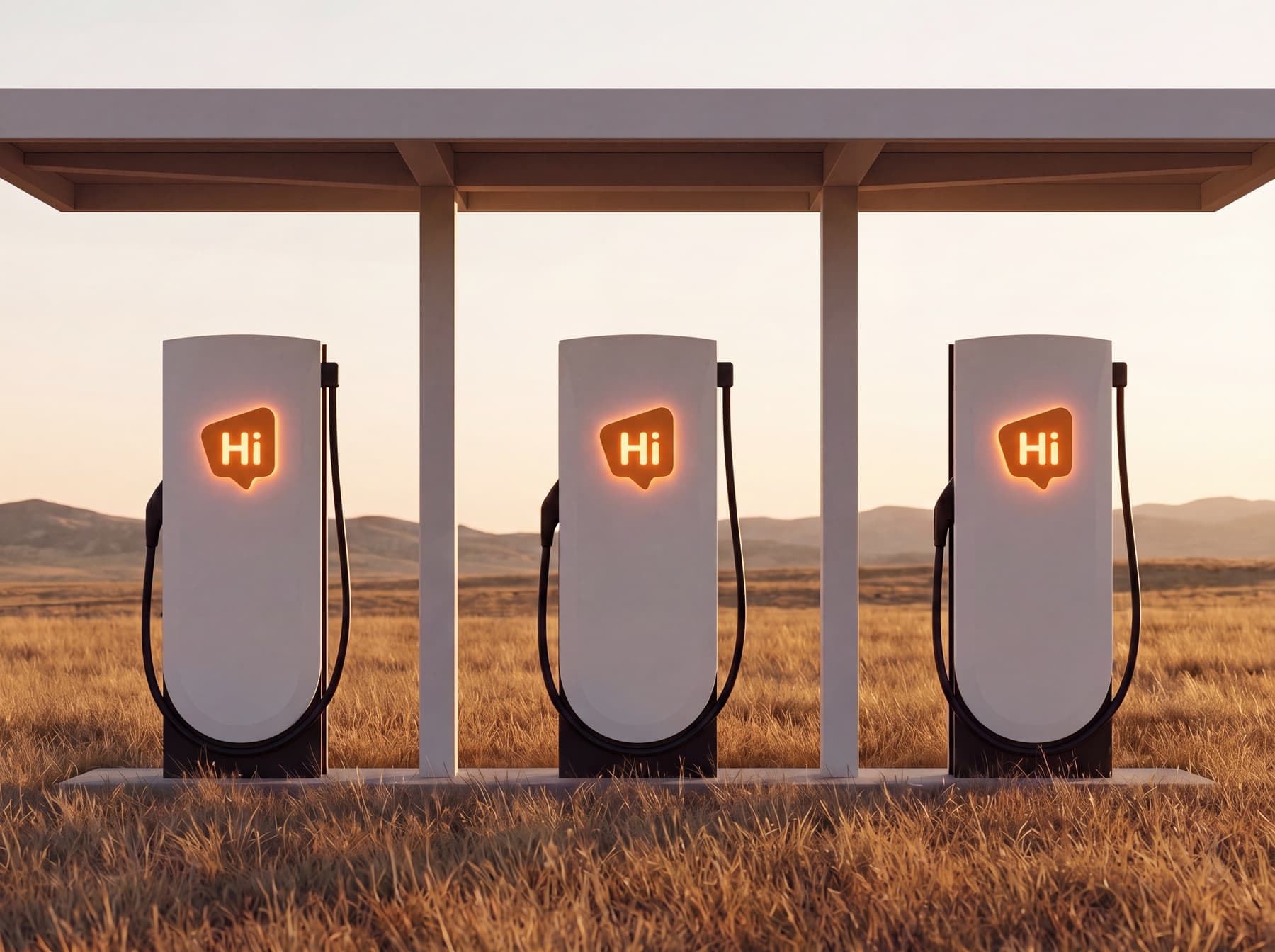 Three HiON pillars under a weather canopy in golden light, each matte-white with the glowing orange Hi badge, the black charging cables resting on their side holsters, no vehicles present.
