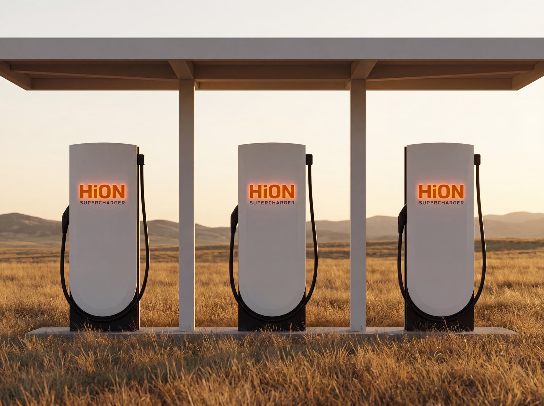 Three HiON pillars under a weather canopy in golden light, each matte-white with the glowing orange HiON wordmark, the black charging cables resting on their side holsters, no vehicles present.
