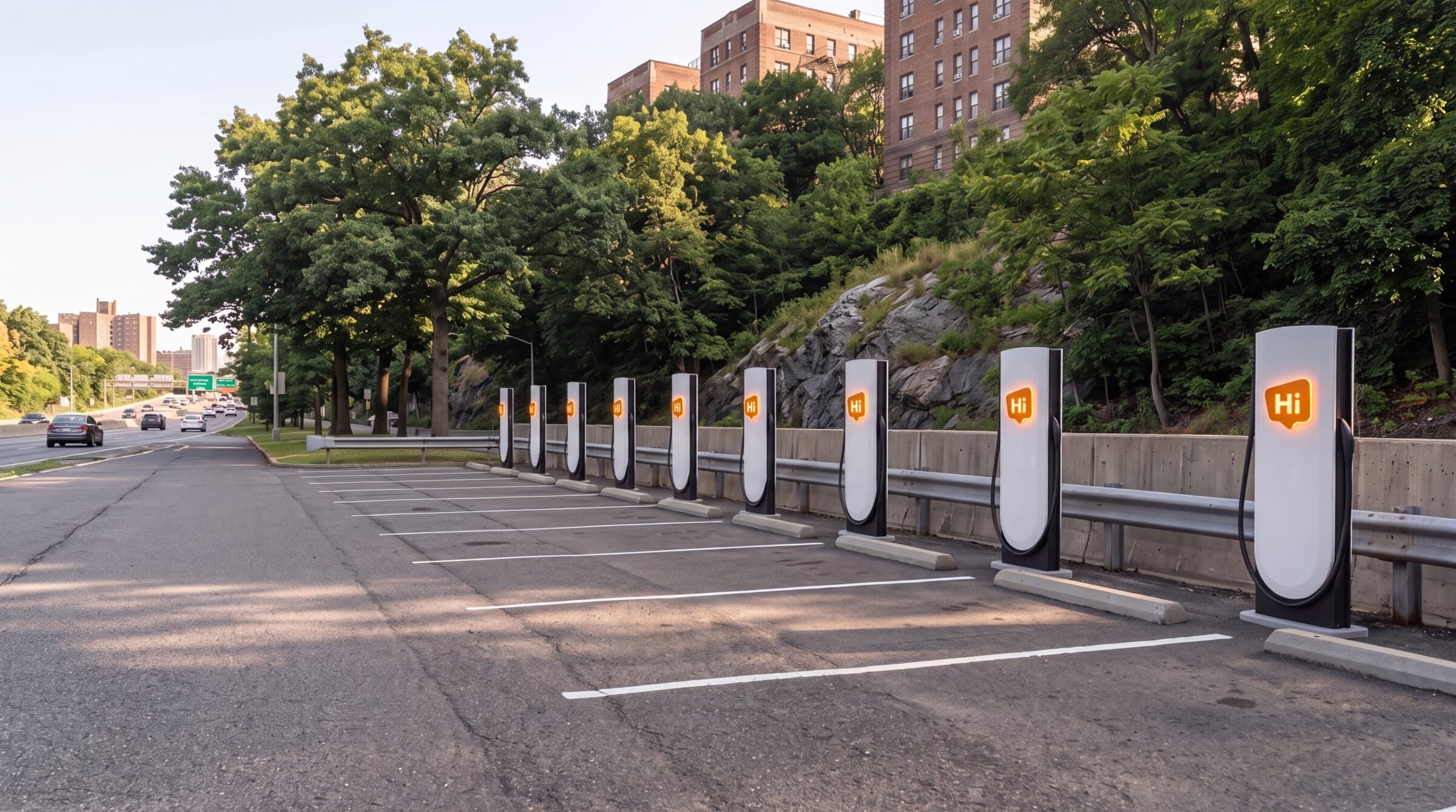 Rendering of HiON pillars in a Bronx lot below a wooded park ridge — matte-white, each with the glowing orange Hi badge, bays empty and no vehicles present. Brand imagery, not a photograph of this station.