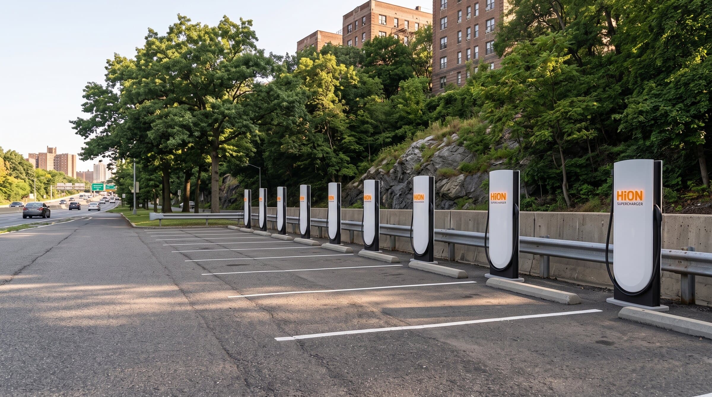 Rendering of HiON pillars in a Bronx lot below a wooded park ridge — matte-white, each with the glowing orange HiON wordmark, bays empty and no vehicles present. Brand imagery, not a photograph of this station.