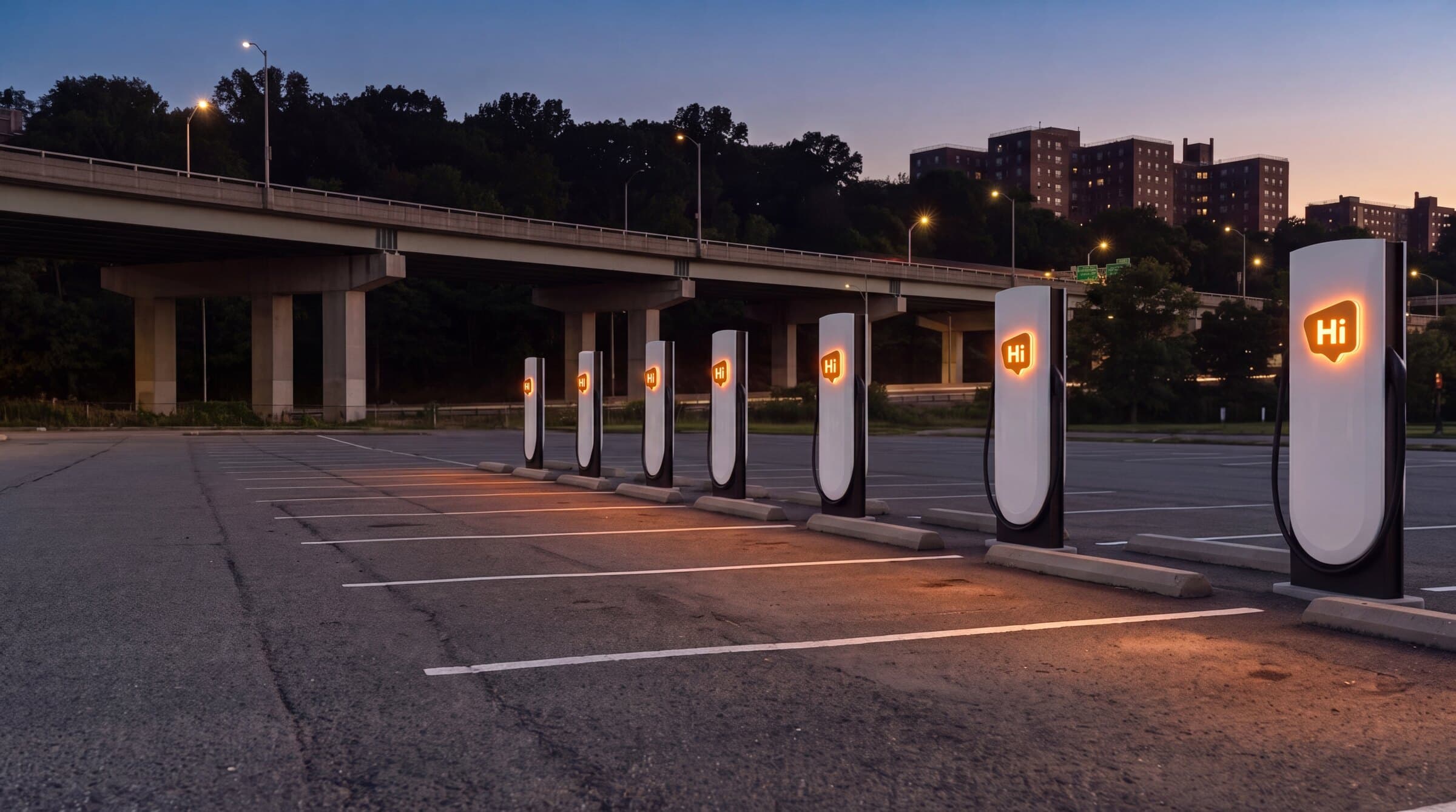 Rendering of HiON pillars in a Bronx lot beside the elevated expressway at dusk — matte-white, each with the glowing orange Hi badge, bays empty and no vehicles present. Brand imagery, not a photograph of this station.