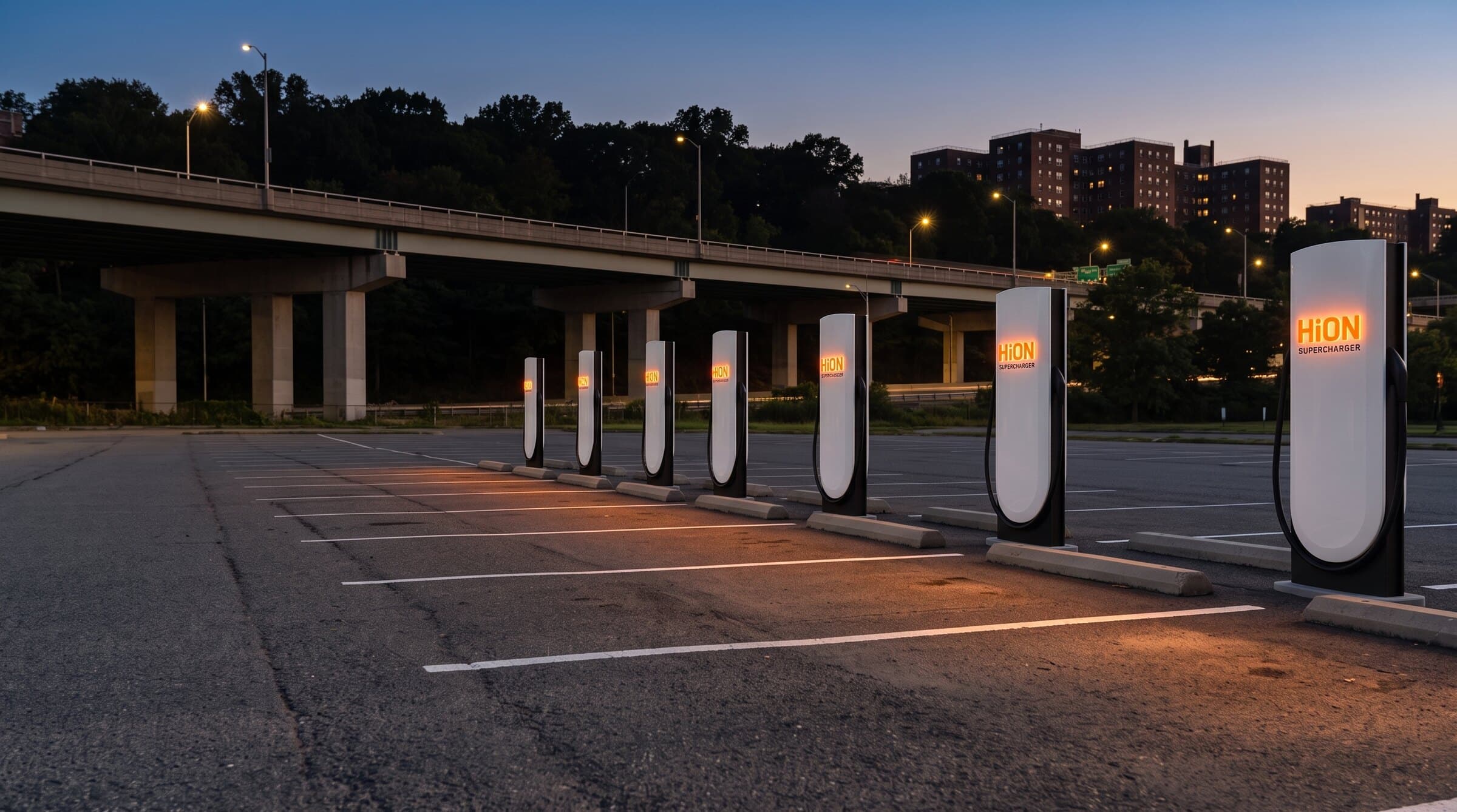 Rendering of HiON pillars in a Bronx lot beside the elevated expressway at dusk — matte-white, each with the glowing orange HiON wordmark, bays empty and no vehicles present. Brand imagery, not a photograph of this station.