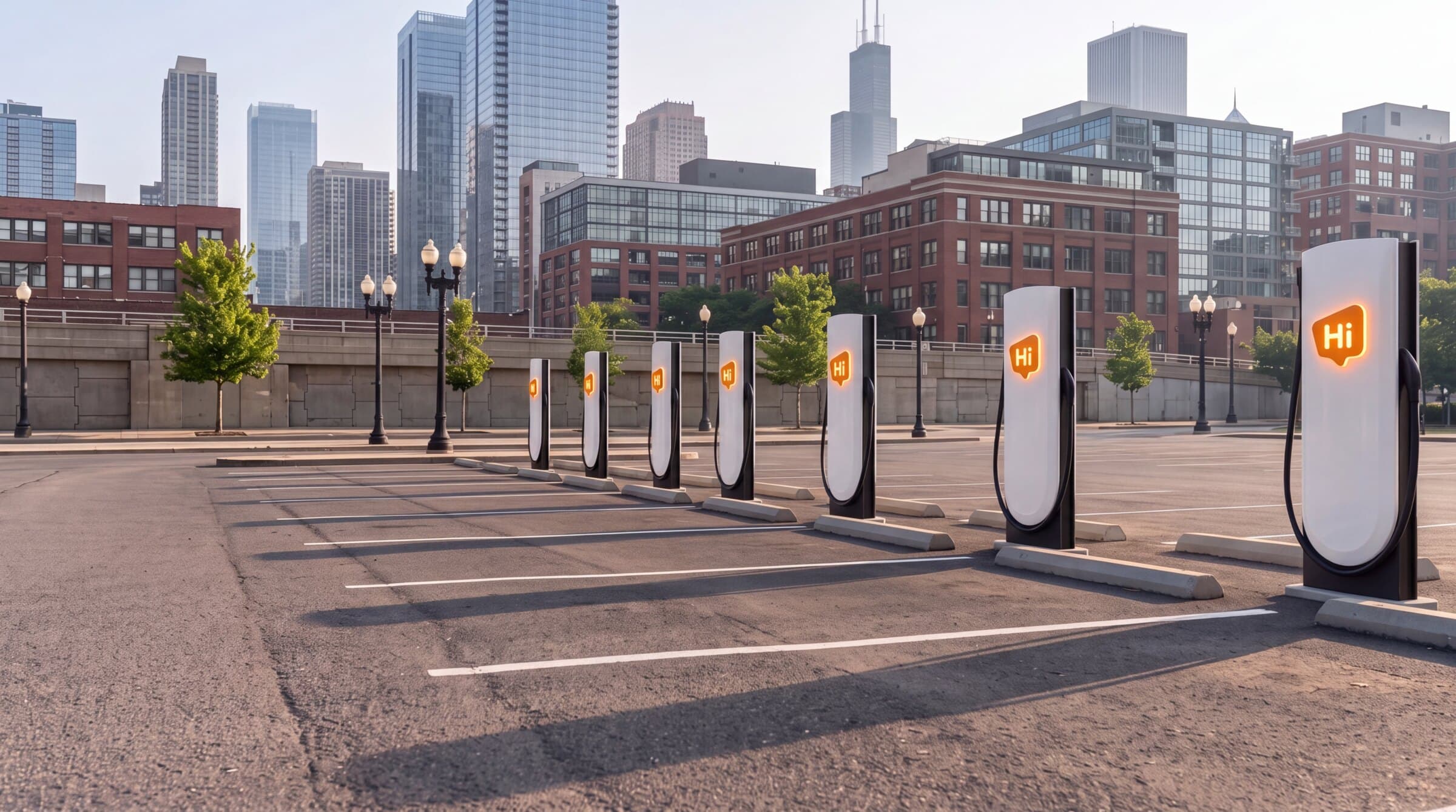 Rendering of HiON pillars in a South Loop lot with the downtown Chicago skyline behind them — matte-white, each with the glowing orange Hi badge, bays empty and no vehicles present. Brand imagery, not a photograph of this station.