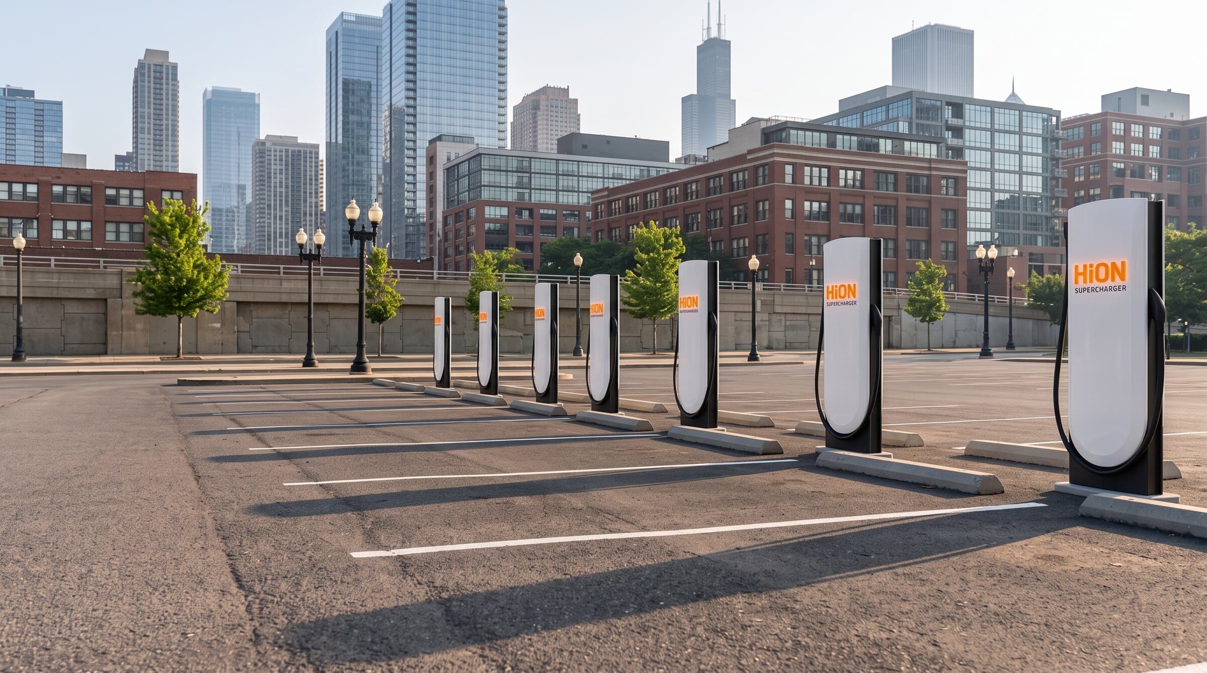 Rendering of HiON pillars in a South Loop lot with the downtown Chicago skyline behind them — matte-white, each with the glowing orange HiON wordmark, bays empty and no vehicles present. Brand imagery, not a photograph of this station.