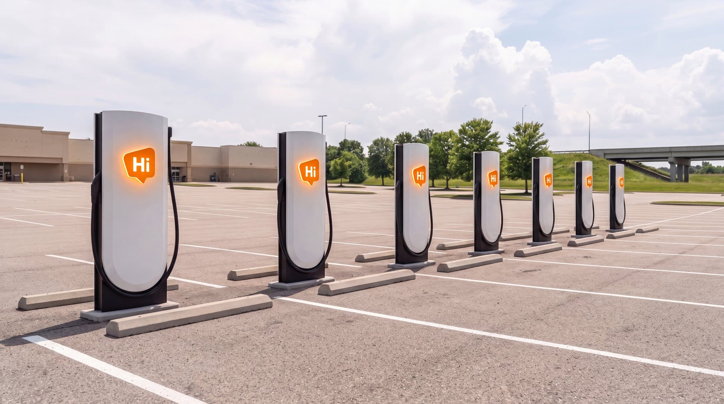 Rendering of HiON pillars in a wide Illinois retail lot beside the interstate — matte-white, each with the glowing orange Hi badge, bays empty and no vehicles present. Brand imagery, not a photograph of this station.