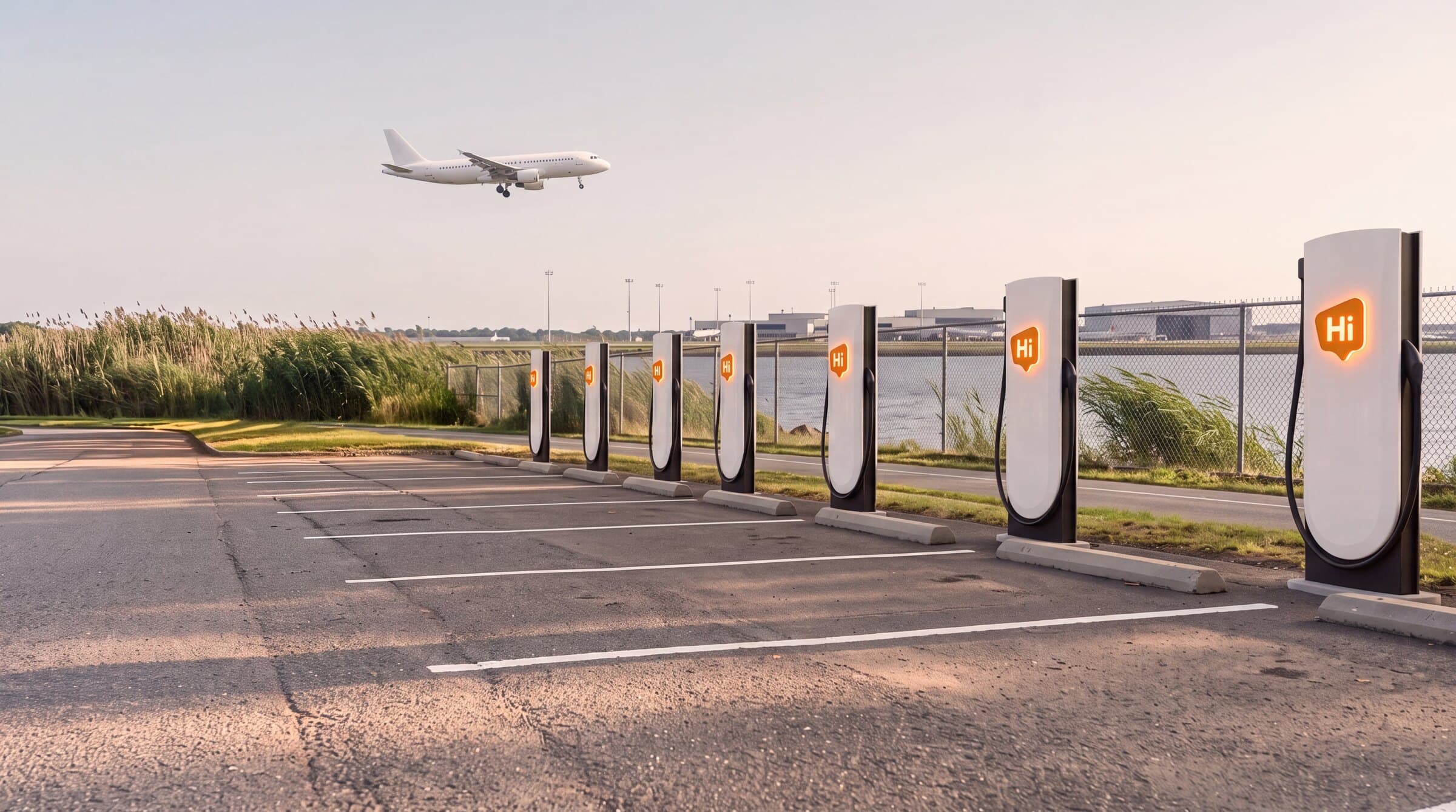 Rendering of HiON pillars in an East Elmhurst lot beside the bay, an airliner on approach overhead — matte-white, each with the glowing orange Hi badge, bays empty and no vehicles present. Brand imagery, not a photograph of this station.