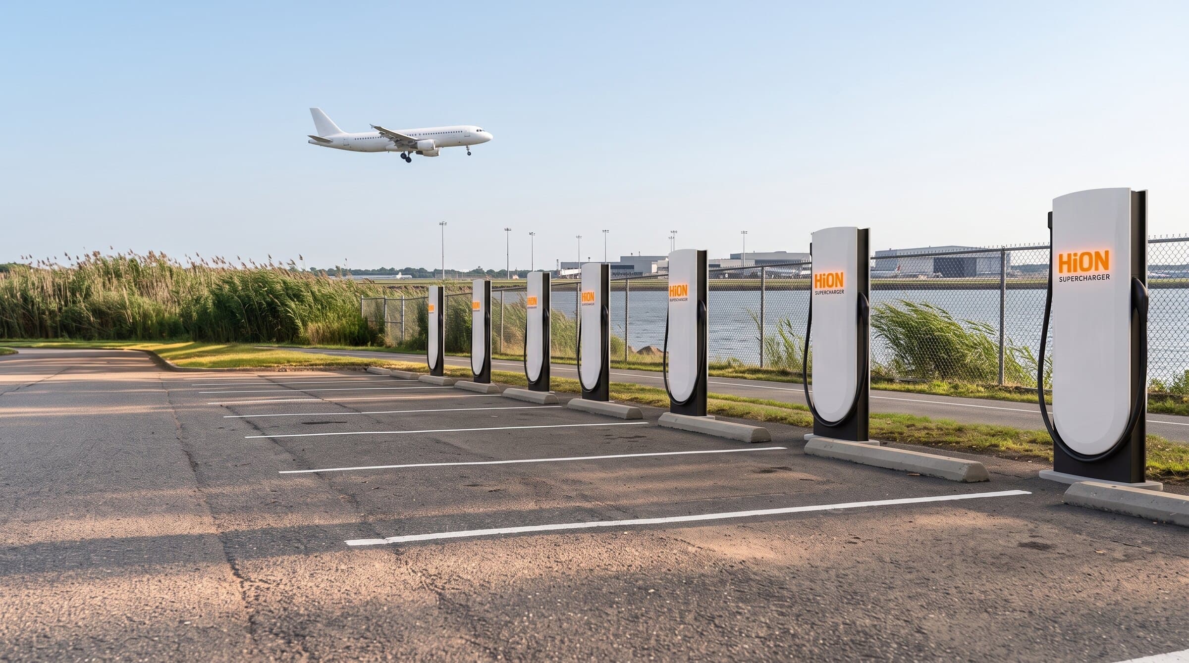 Rendering of HiON pillars in an East Elmhurst lot beside the bay, an airliner on approach overhead — matte-white, each with the glowing orange HiON wordmark, bays empty and no vehicles present. Brand imagery, not a photograph of this station.