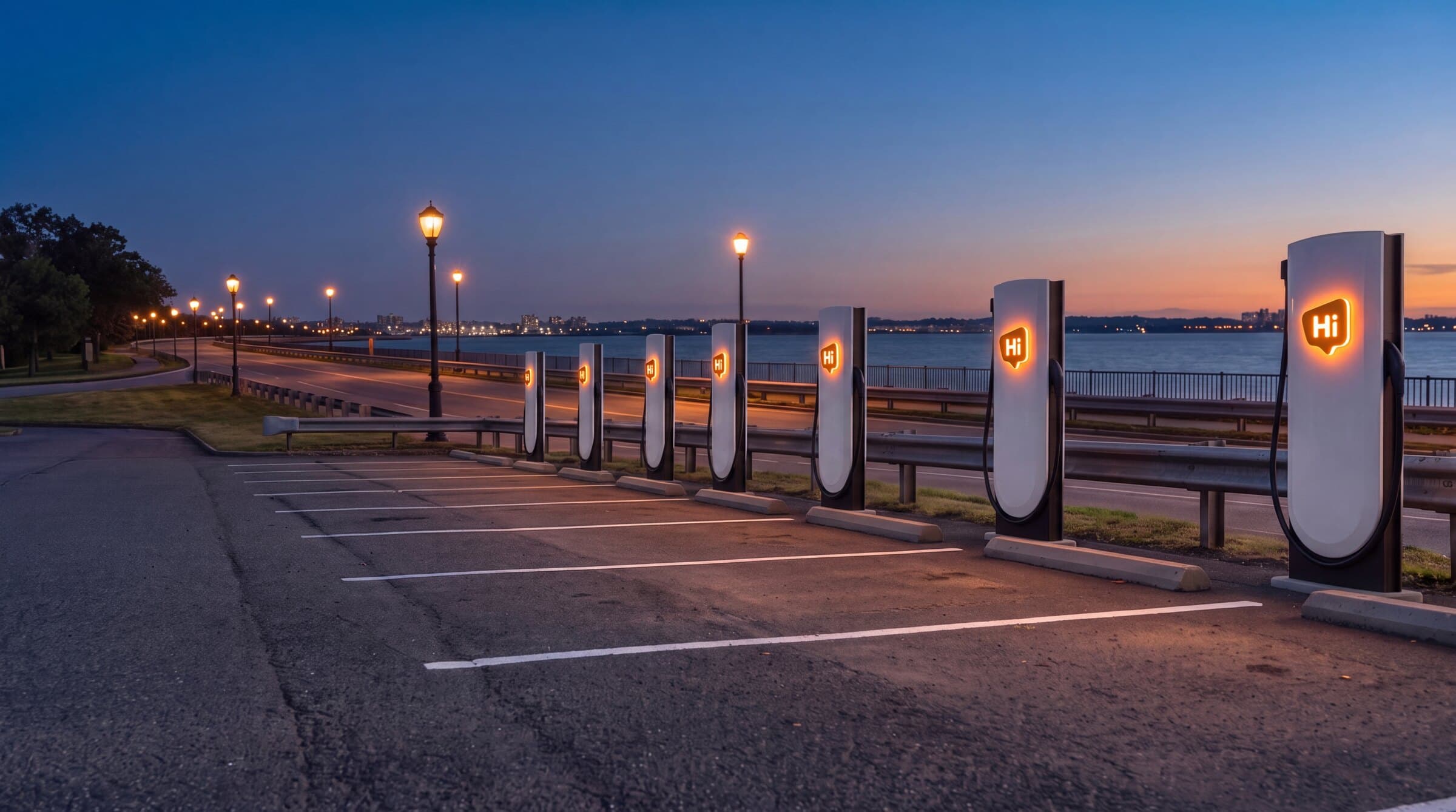 Rendering of HiON pillars in an East Elmhurst lot beside the parkway at dusk — matte-white, each with the glowing orange Hi badge, bays empty and no vehicles present. Brand imagery, not a photograph of this station.