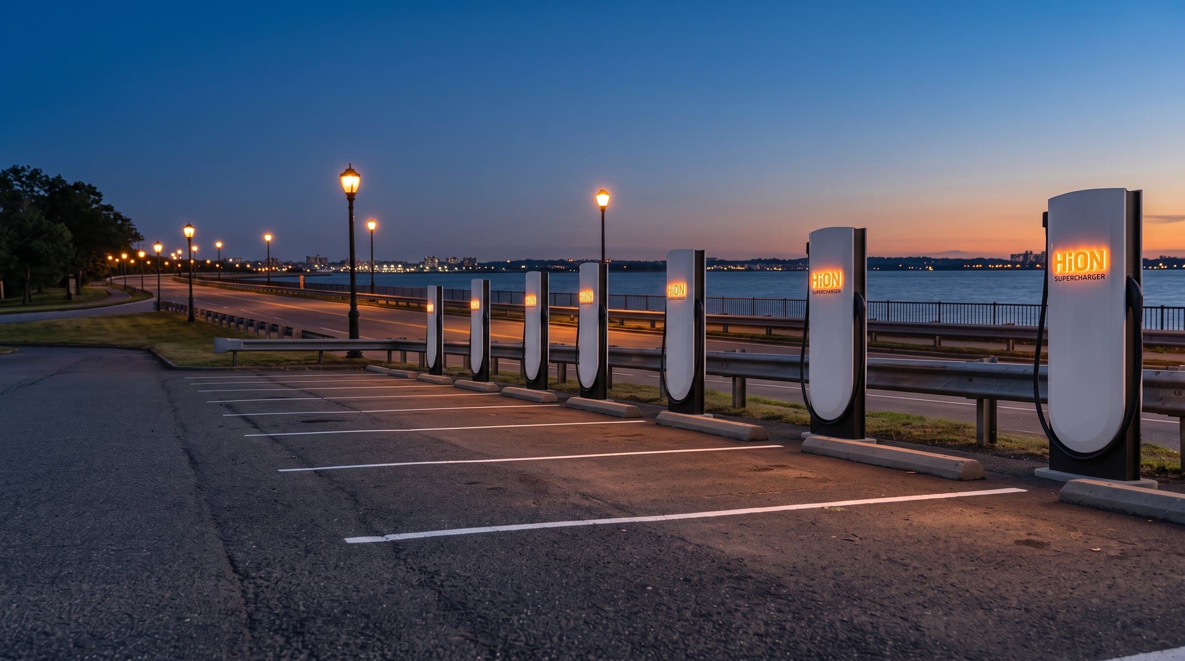 Rendering of HiON pillars in an East Elmhurst lot beside the parkway at dusk — matte-white, each with the glowing orange HiON wordmark, bays empty and no vehicles present. Brand imagery, not a photograph of this station.