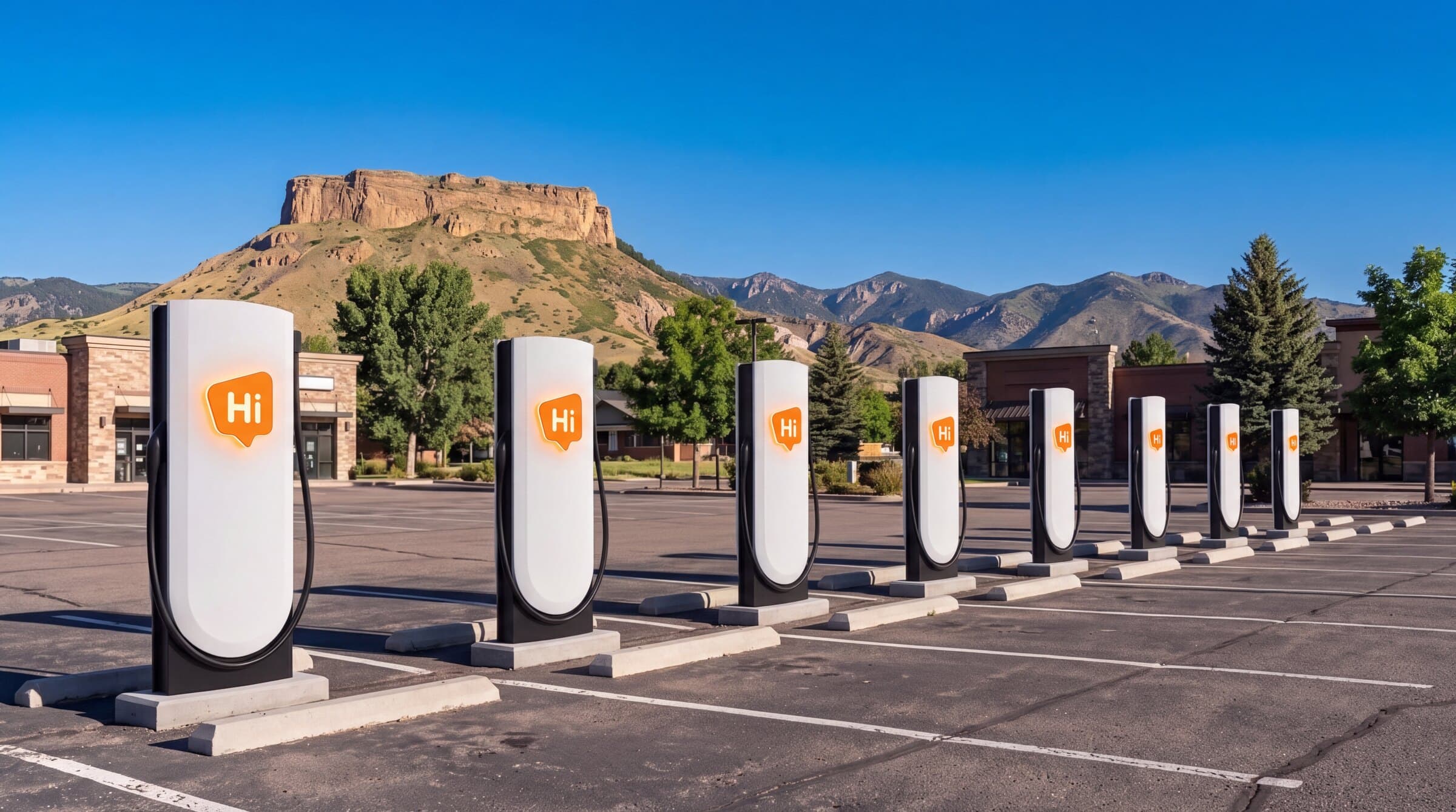 Rendering of HiON pillars in a Golden, Colorado lot below the foothills, a flat-topped mesa behind them — matte-white, each with the glowing orange Hi badge, bays empty and no vehicles present. Brand imagery, not a photograph of this station.