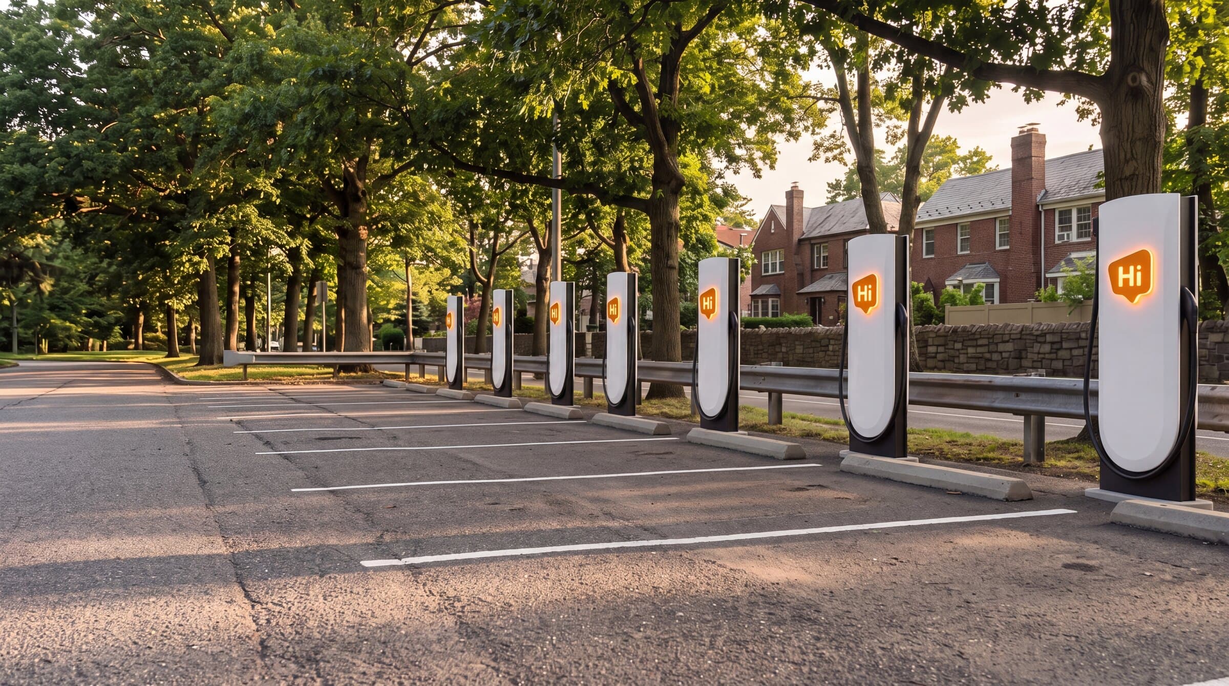 Rendering of HiON pillars in a tree-lined lot beside a Queens parkway — matte-white, each with the glowing orange Hi badge, bays empty and no vehicles present. Brand imagery, not a photograph of this station.