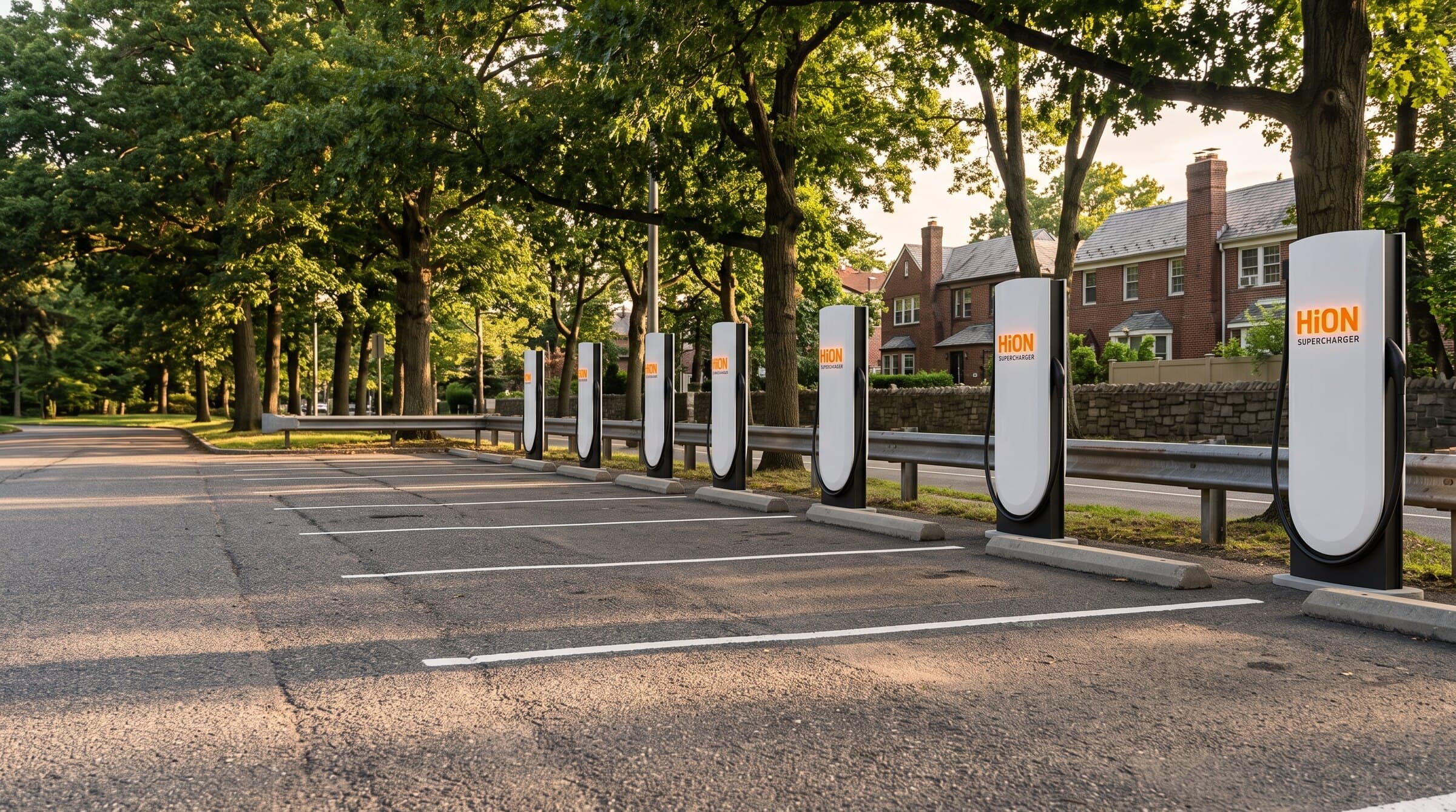 Rendering of HiON pillars in a tree-lined lot beside a Queens parkway — matte-white, each with the glowing orange HiON wordmark, bays empty and no vehicles present. Brand imagery, not a photograph of this station.