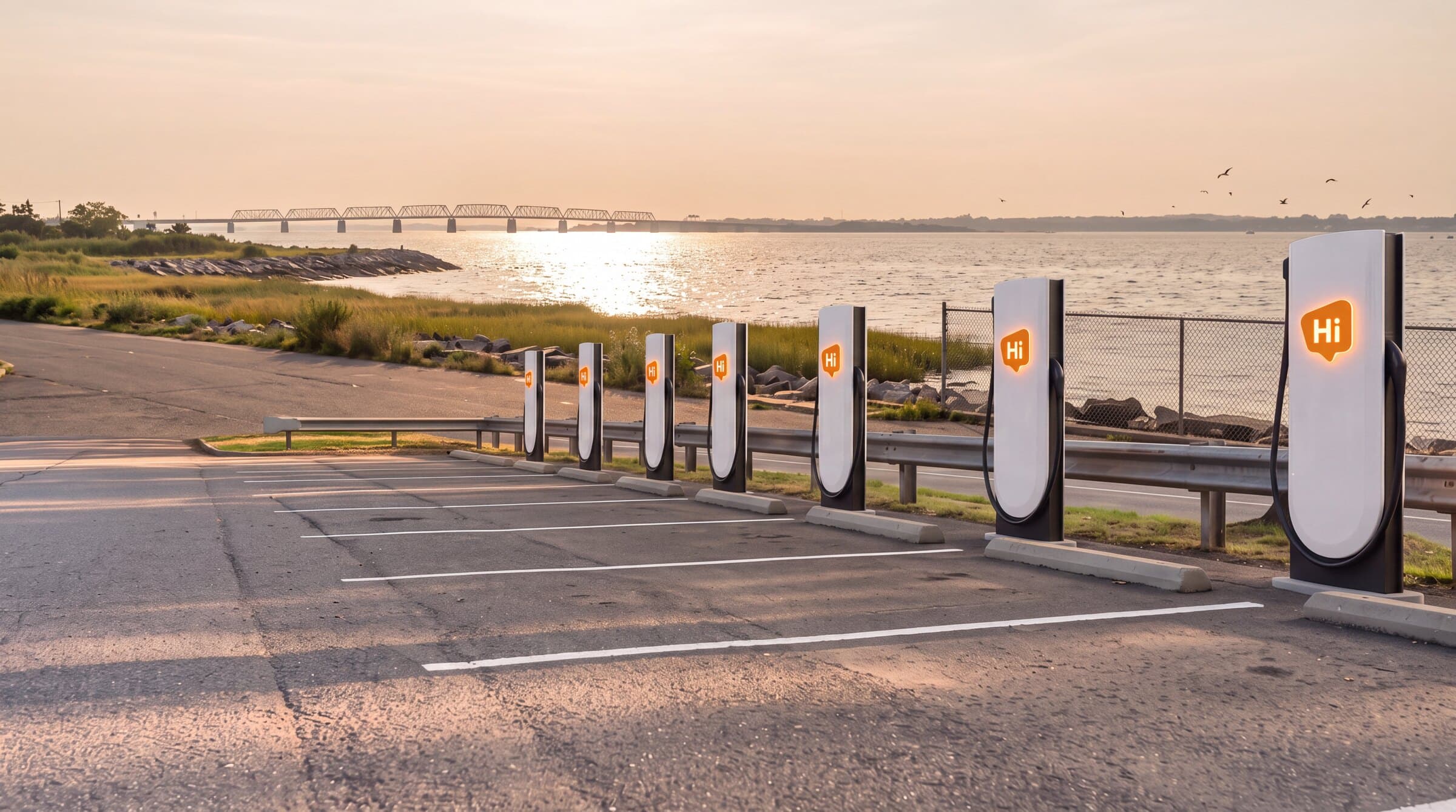 Rendering of HiON pillars in a Brooklyn lot on the bay shore at golden hour, a low bridge on the horizon — matte-white, each with the glowing orange Hi badge, bays empty and no vehicles present. Brand imagery, not a photograph of this station.