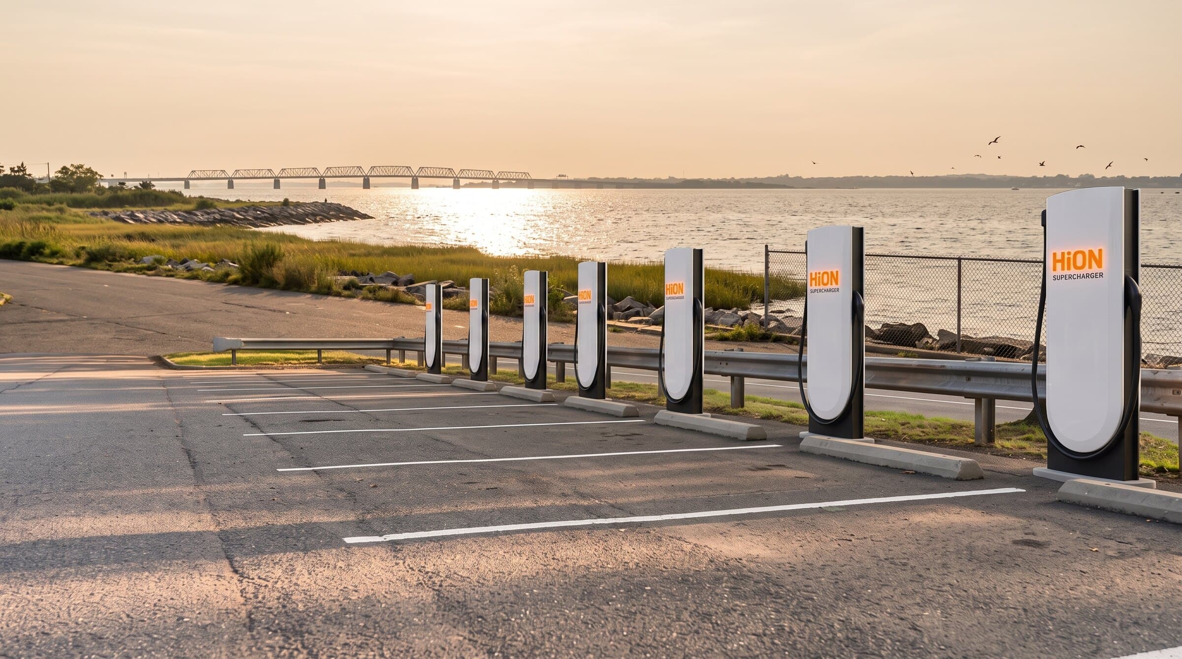 Rendering of HiON pillars in a Brooklyn lot on the bay shore at golden hour, a low bridge on the horizon — matte-white, each with the glowing orange HiON wordmark, bays empty and no vehicles present. Brand imagery, not a photograph of this station.