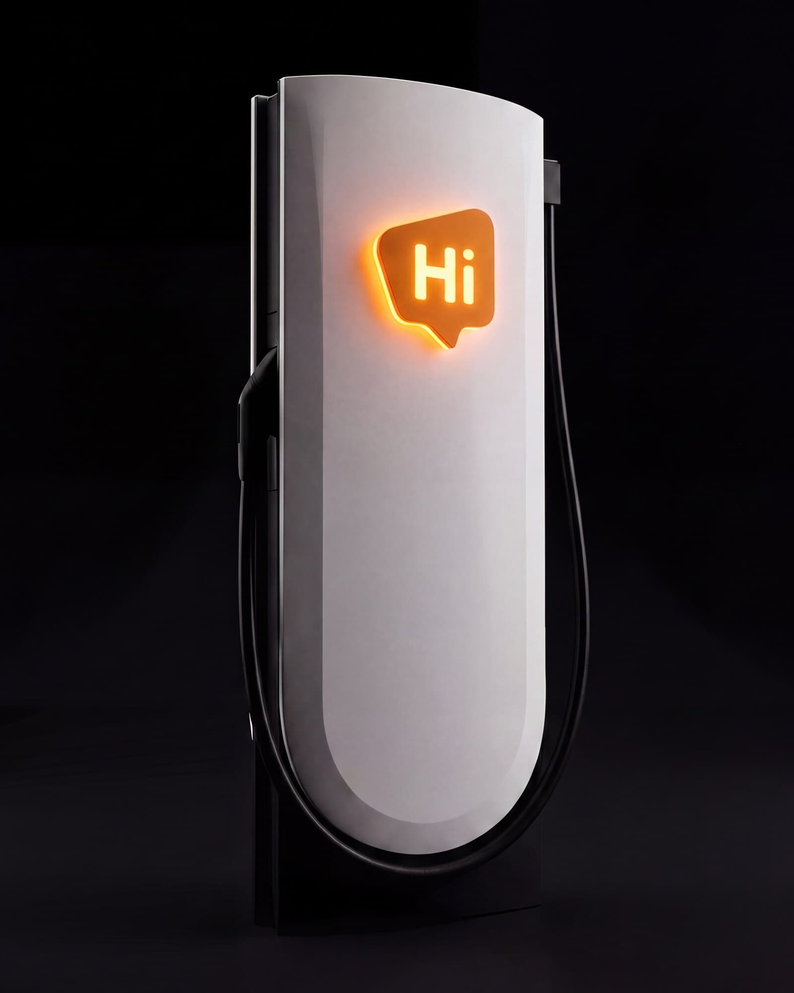 A HiON charging pillar at a three-quarter angle, matte white with the glowing orange Hi badge catching the light.