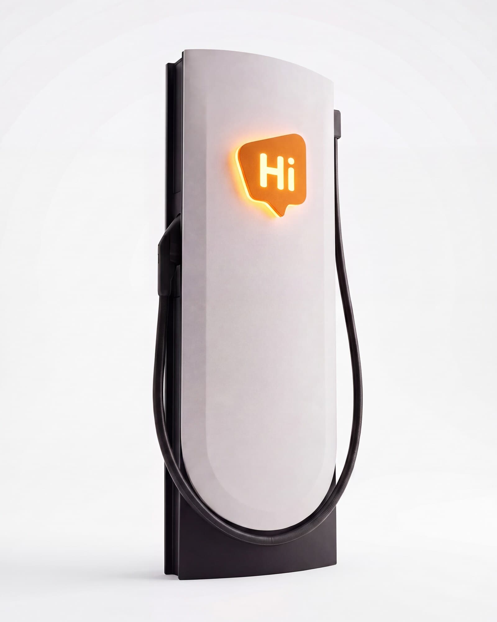 A HiON charging pillar at a three-quarter angle, matte white with the glowing orange Hi badge catching the light.