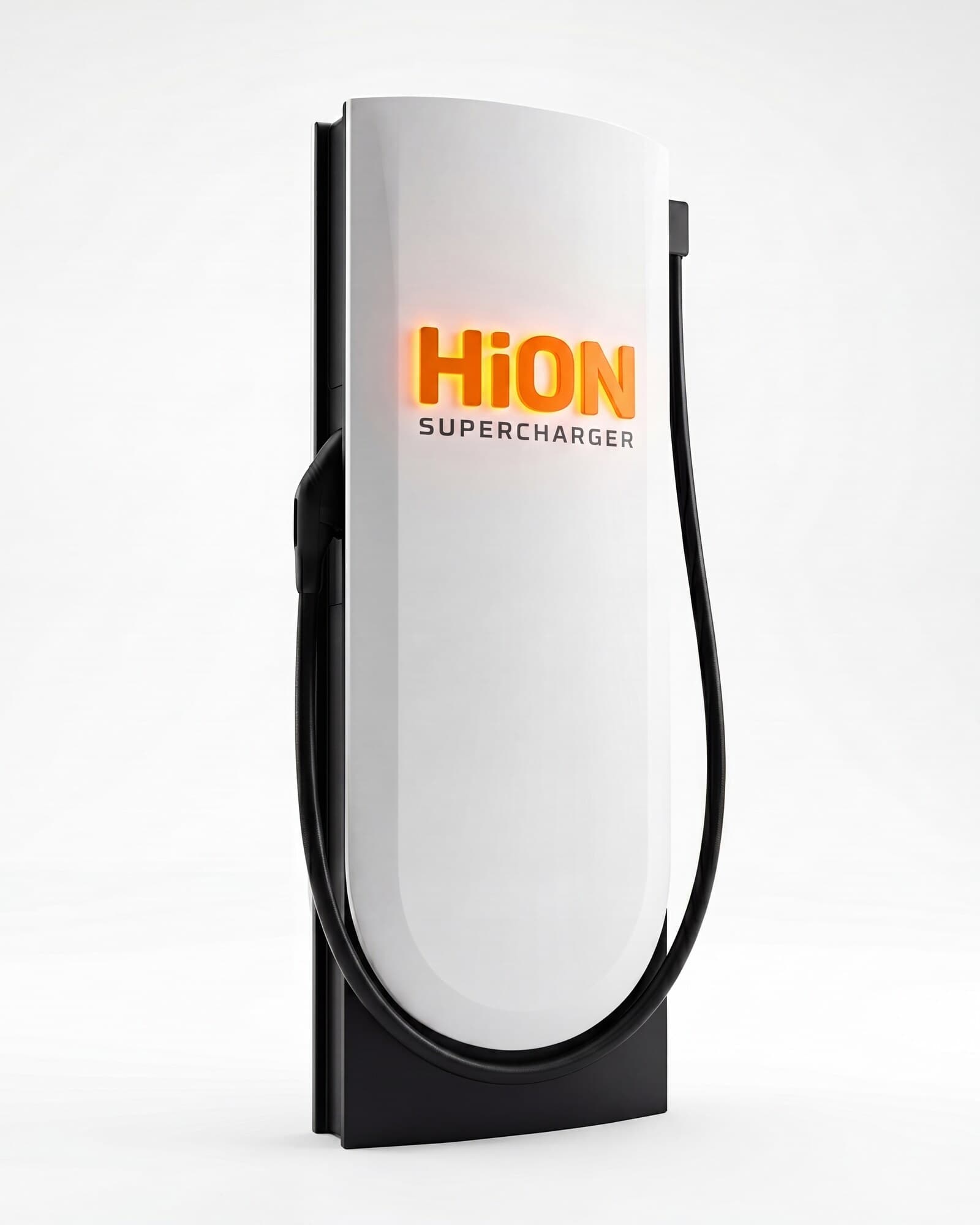 A HiON charging pillar at a three-quarter angle, matte white with the glowing orange HiON wordmark catching the light.