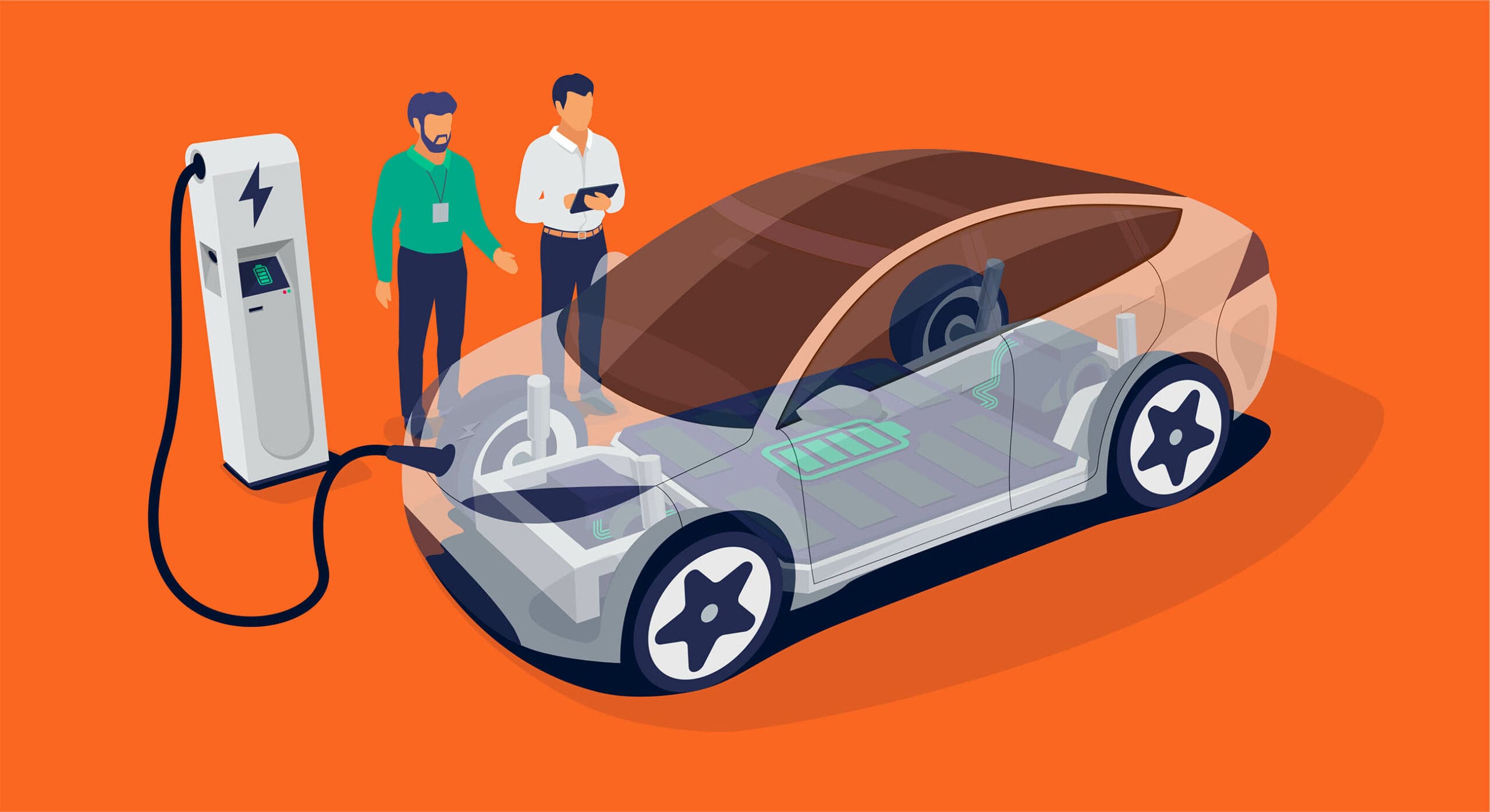 Illustration of two men standing by an EV charging